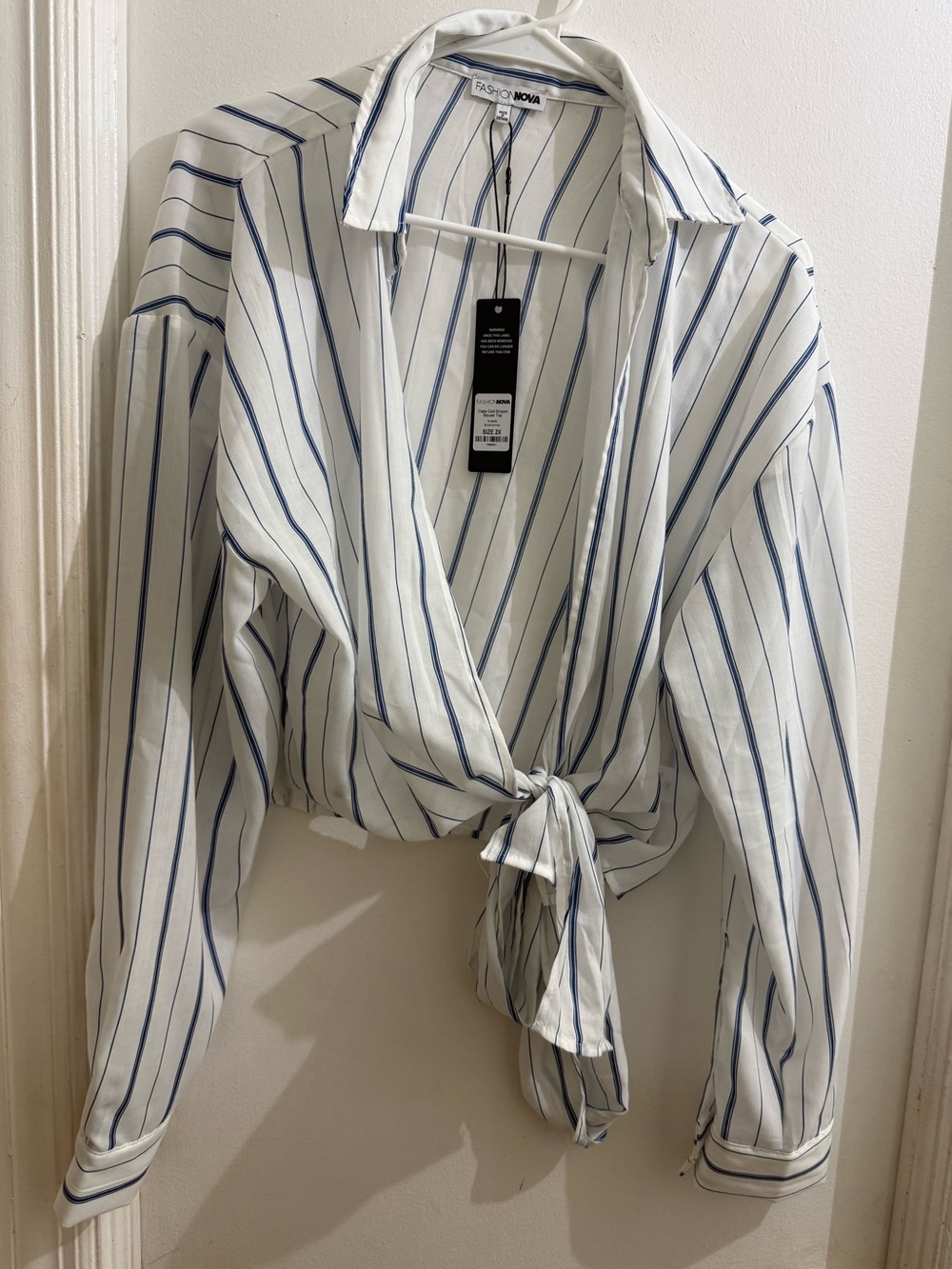 Fashion Nova Blue & White Striped Tie-Front Crop Shirt - Picture 5 of 6